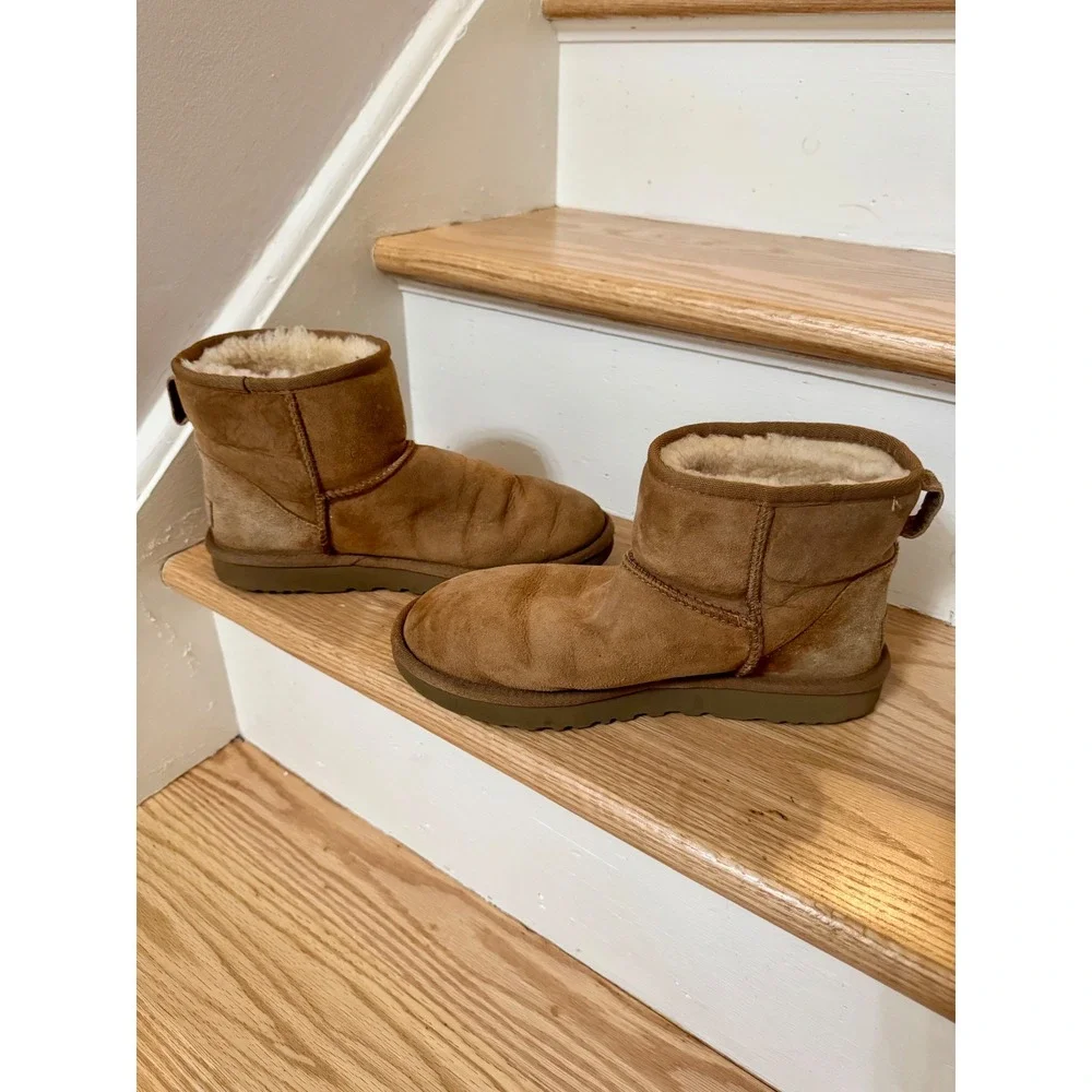 UGG Classic Mini Chestnut Suede Shearling Ankle Boots Womens 8 Snow Winter